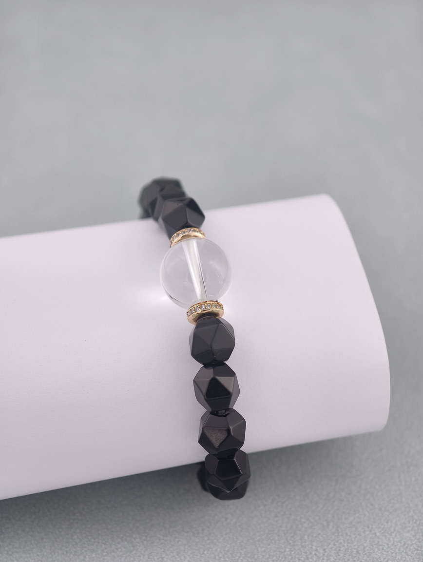 Natural Black Agate and Clear Quartz Bracelet