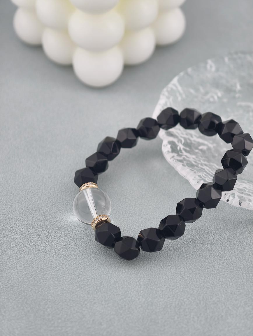 Natural Black Agate and Clear Quartz Bracelet