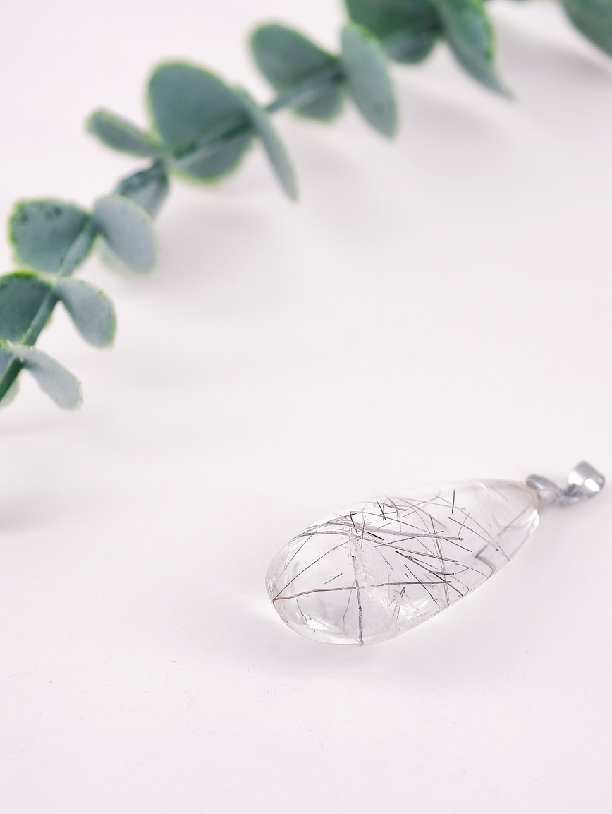 Natural Black Rutilated Quartz Sterling Silver Pendant image