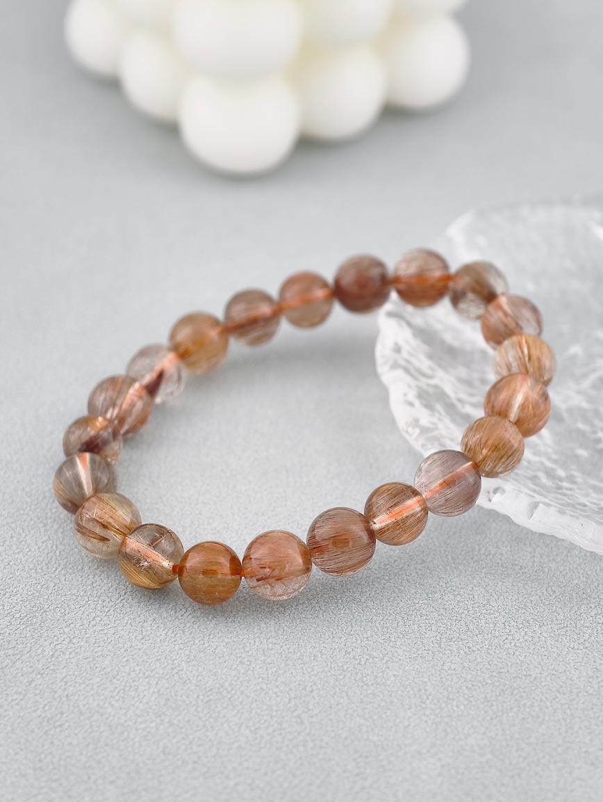 Natural Brazilian Copper Rutilated Quartz Round Bead Bracelet