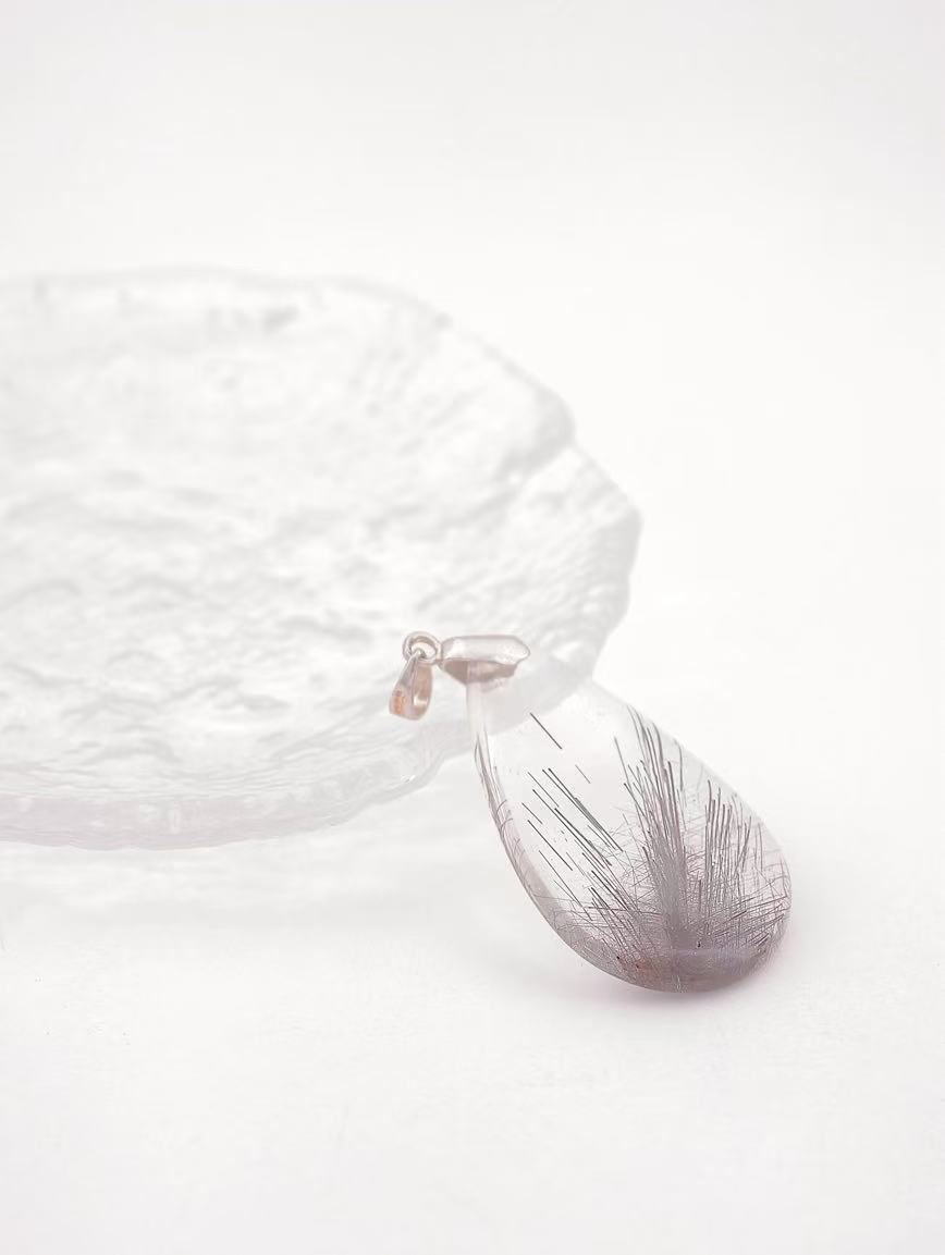 Natural Water Drop Shaped Silver Rutilated Quartz Pendant image