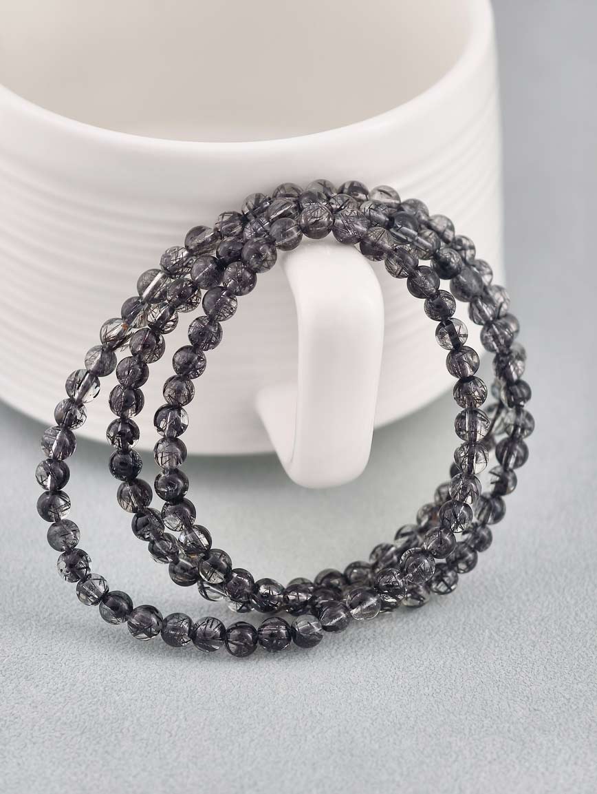 Natural Black Rutilated Quartz Three-Wrap Bracelet