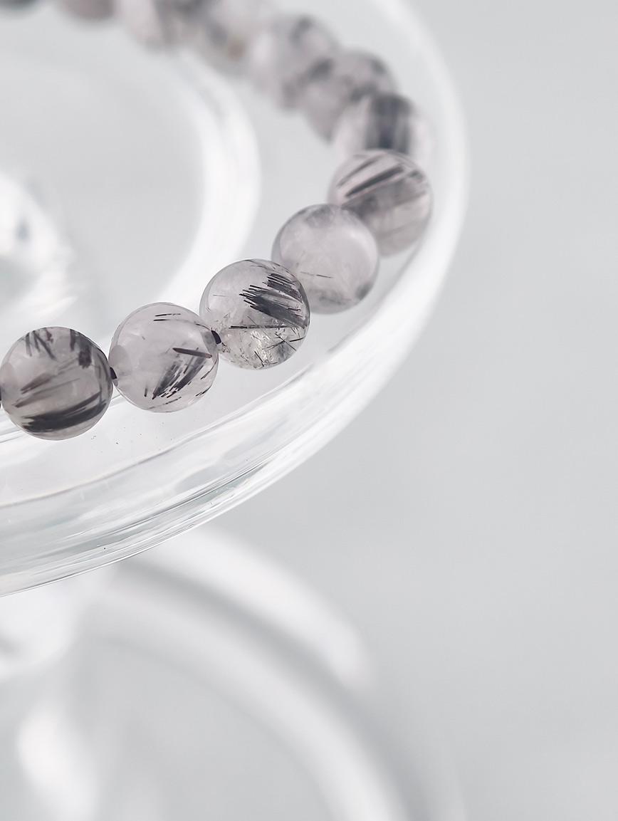 Natural Black Rutilated Quartz Round Bead Bracelet
