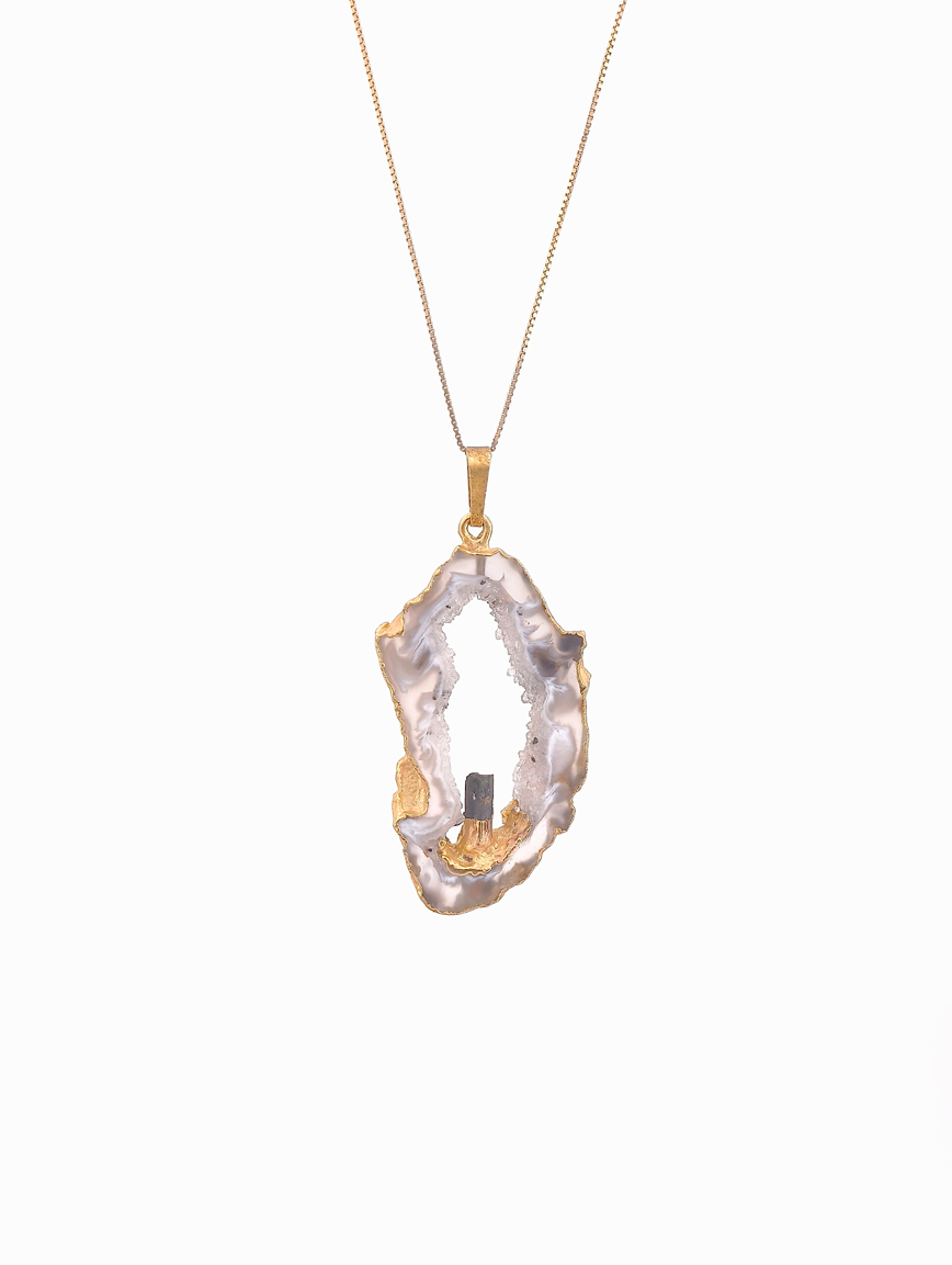 Agate and Black Tourmaline Raw Stone Pendant