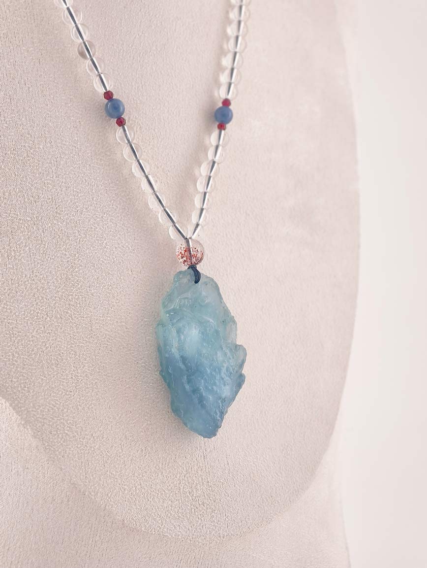 Aquamarine Pendant White Crystal Garnet Kyanite Super Seven Necklace