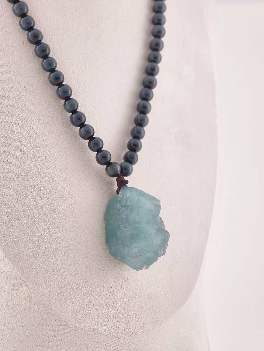 Natural Aquamarine with Premium Hawk's Eye and South Red Agate Necklace