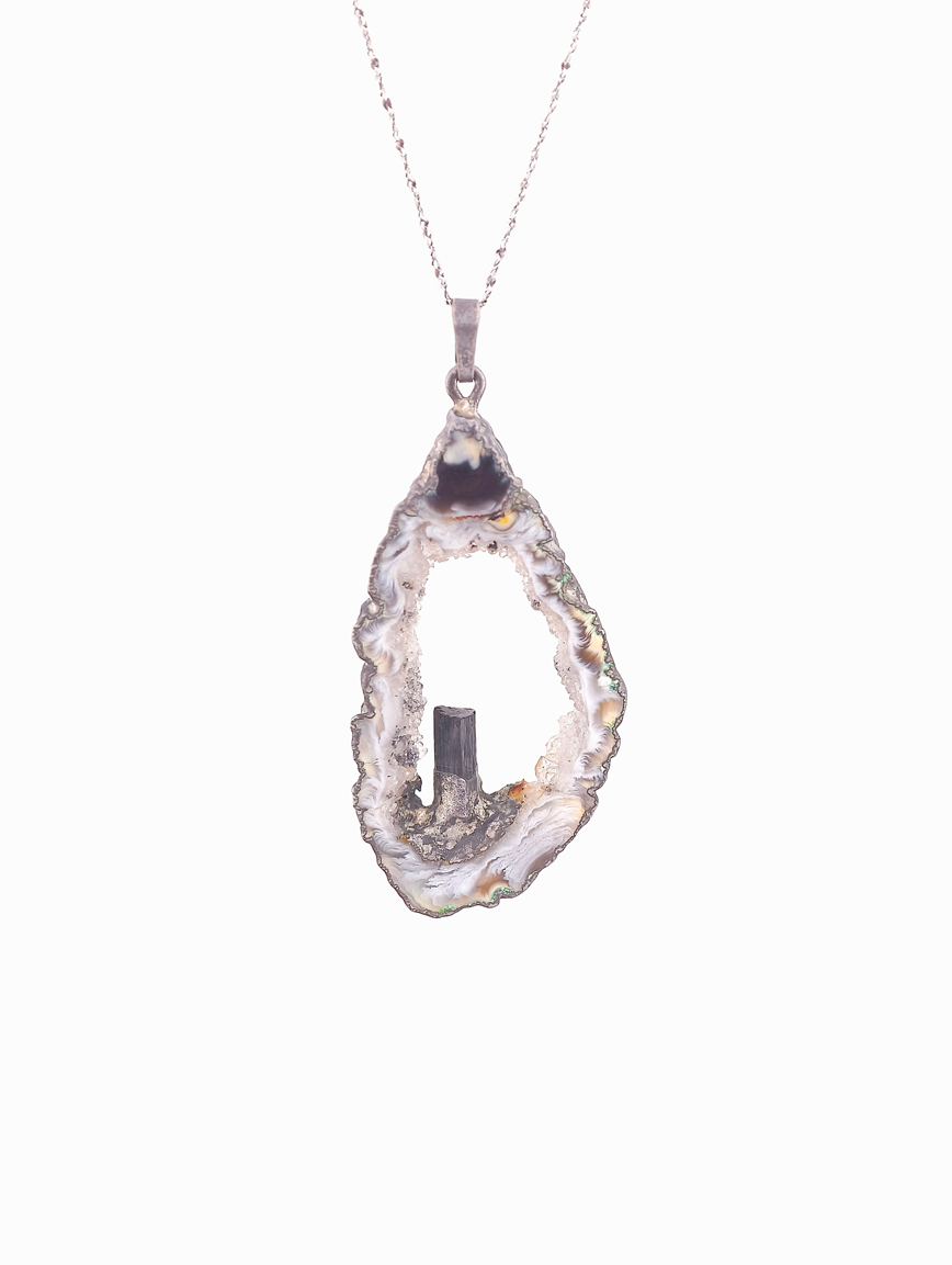 Natural Agate and Black Tourmaline Pendant