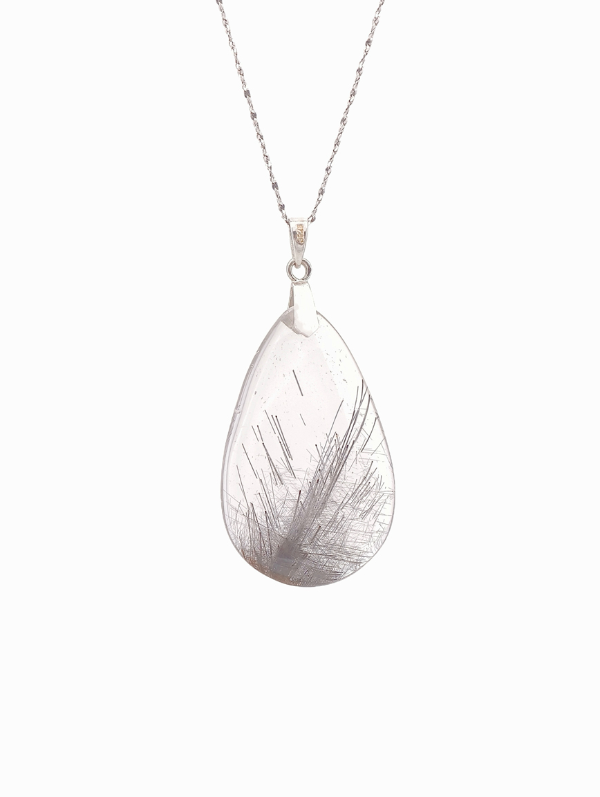Natural Water Drop Shaped Silver Rutilated Quartz Pendant